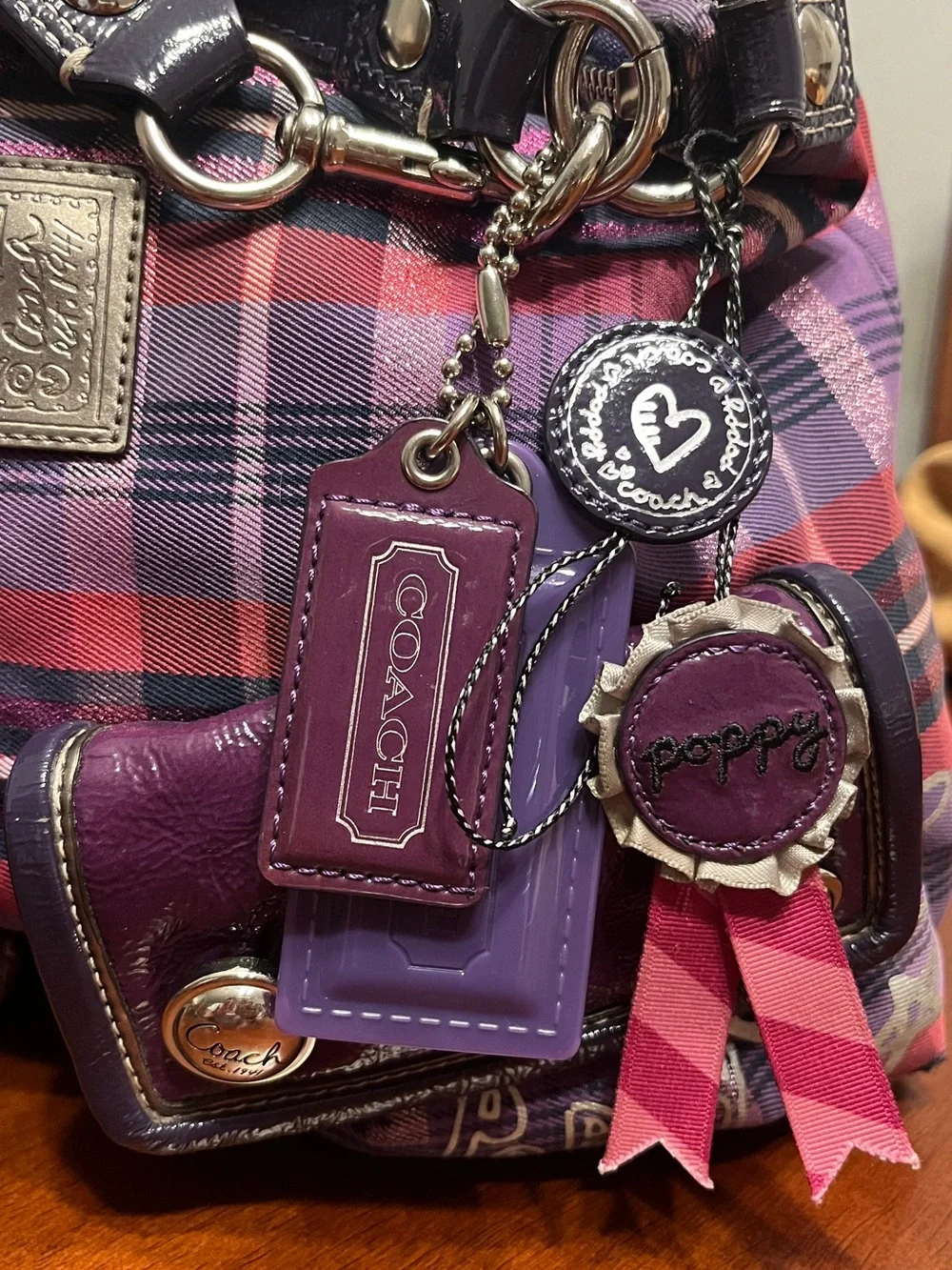 Coach poppy purple tartan plaid hobo shoulder bag charms Y2K vintage